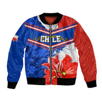 Unisex bomber jacket with blue red front graphic, zip closure, ribbed cuffs and hem