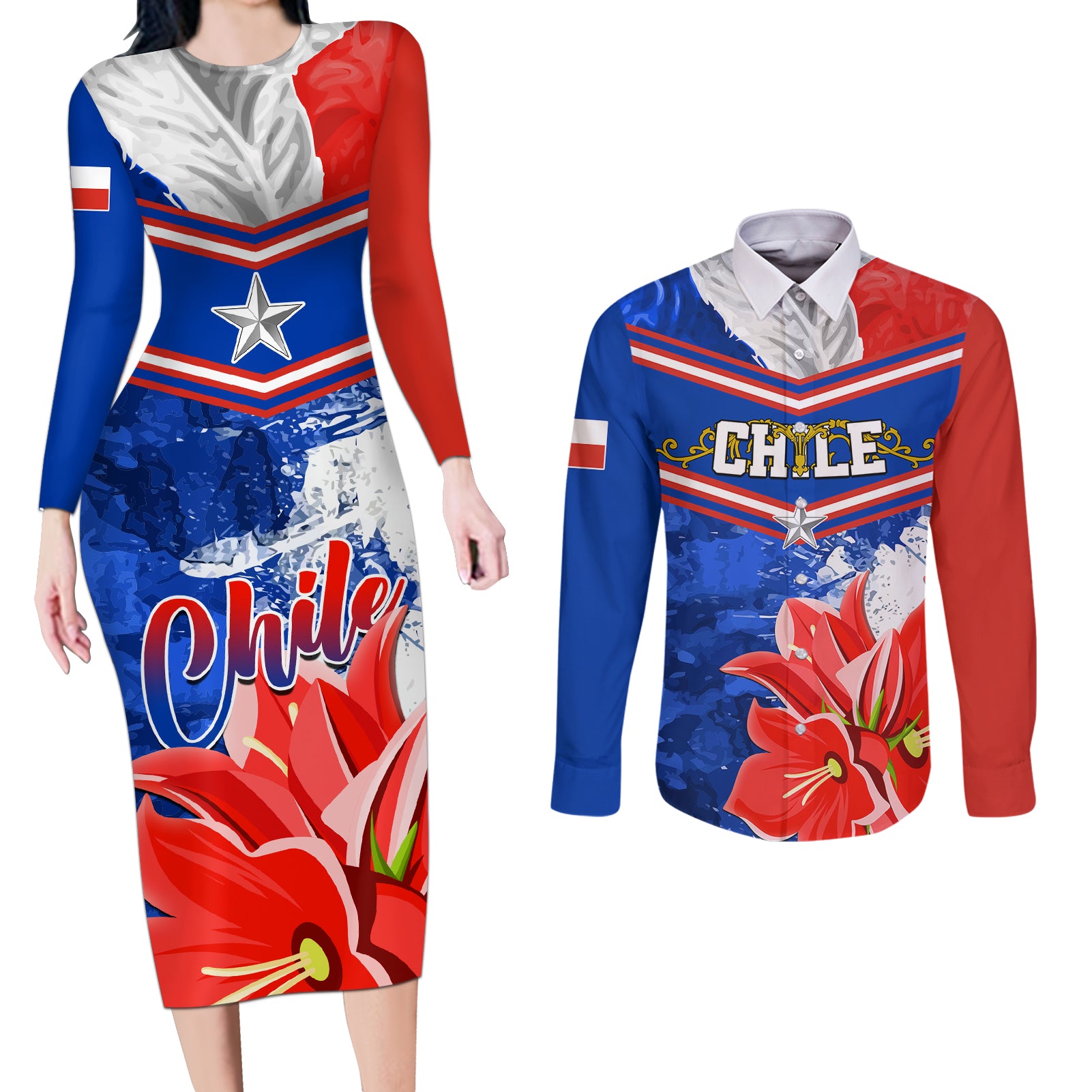 Chile Couples Matching Long Sleeve Bodycon Dress and Long Sleeve Button Shirts Chilean Bellflower Special Version - Wonder Print Shop