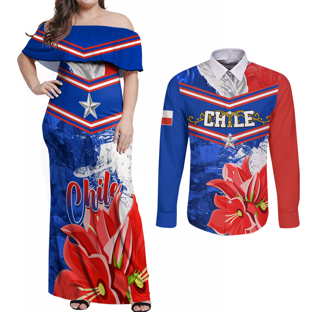 Chile Couples Matching Off Shoulder Maxi Dress and Long Sleeve Button Shirts Chilean Bellflower Special Version - Wonder Print Shop