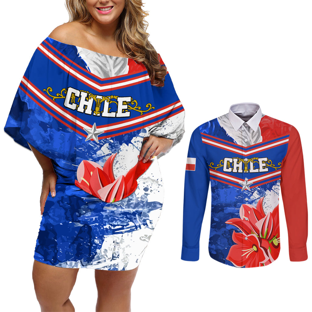 Chile Couples Matching Off Shoulder Short Dress and Long Sleeve Button Shirts Chilean Bellflower Special Version - Wonder Print Shop