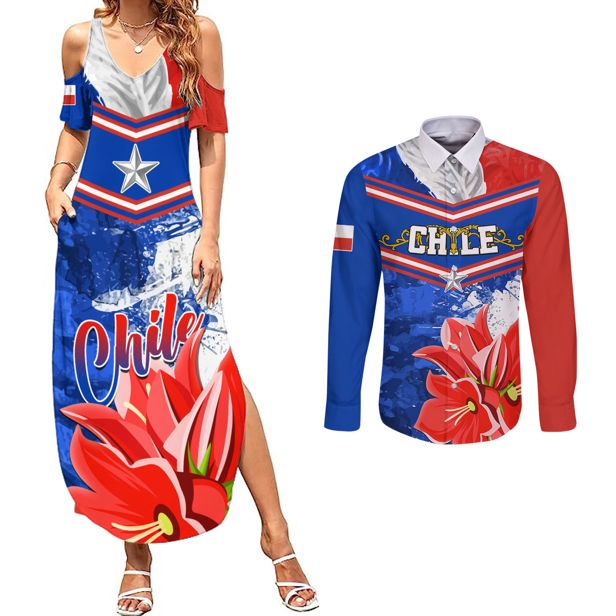 Chile Couples Matching Summer Maxi Dress and Long Sleeve Button Shirts Chilean Bellflower Special Version - Wonder Print Shop