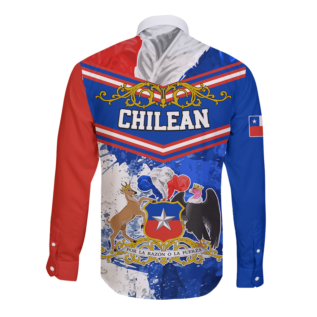 Red and blue long-sleeve button shirt with CHILEAN text, star and flag emblem