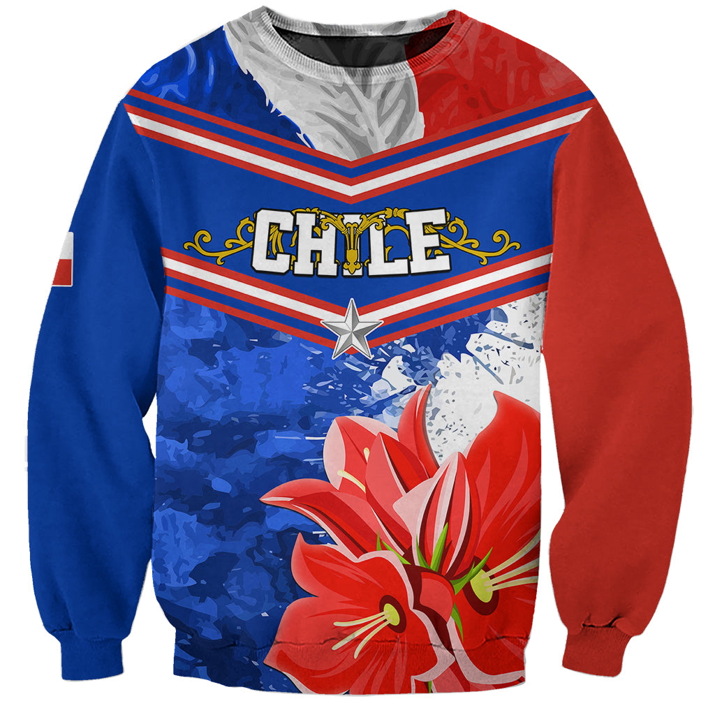Unisex crewneck sweatshirt in red and blue with 'CHILE' graphic and large flower