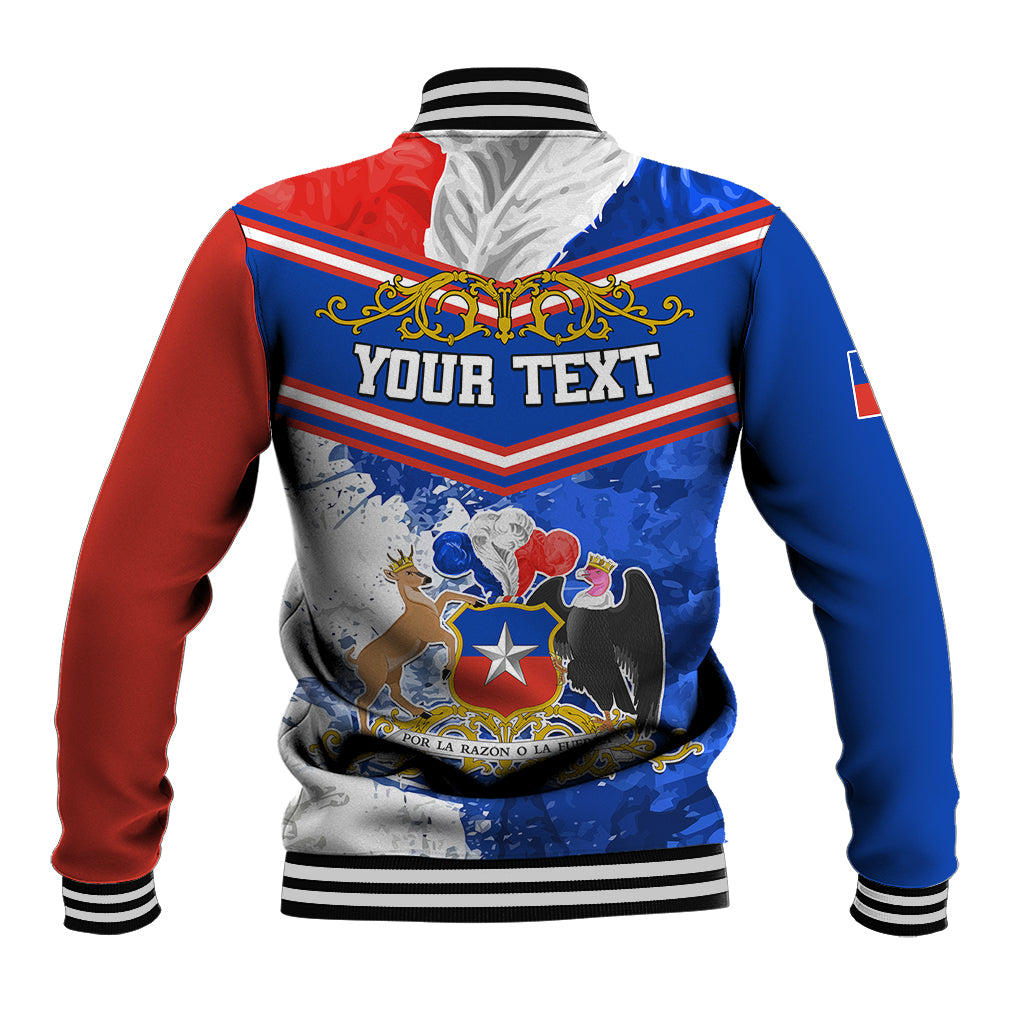 Multicolor baseball jacket back with striped yoke, ribbed collar, custom text panel