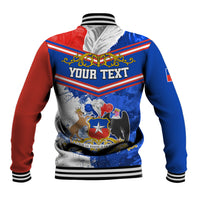 Multicolor baseball jacket back with striped yoke, ribbed collar, custom text panel
