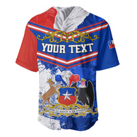 Red and blue baseball jersey with YOUR TEXT banner, crest graphic, and star emblem