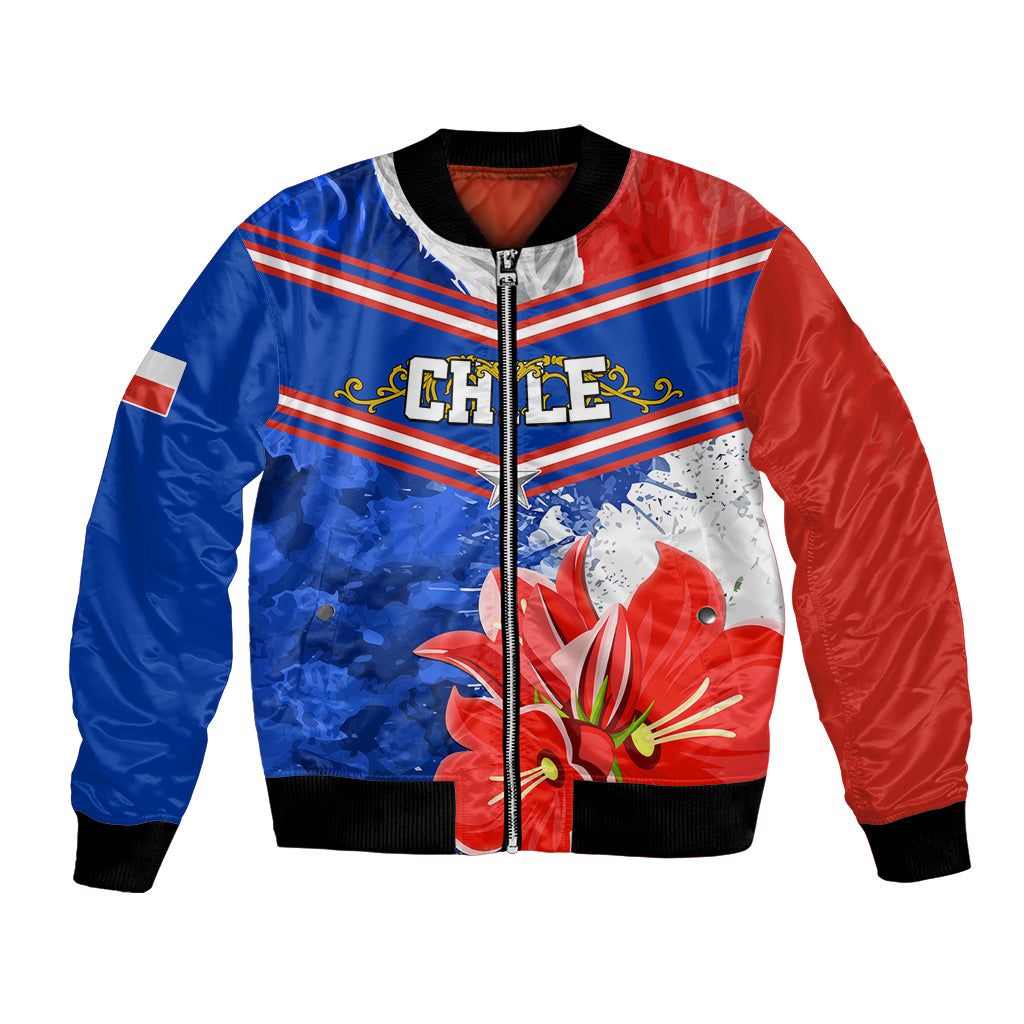 Unisex blue and red bomber jacket with front zipper and colorful graphic floral print