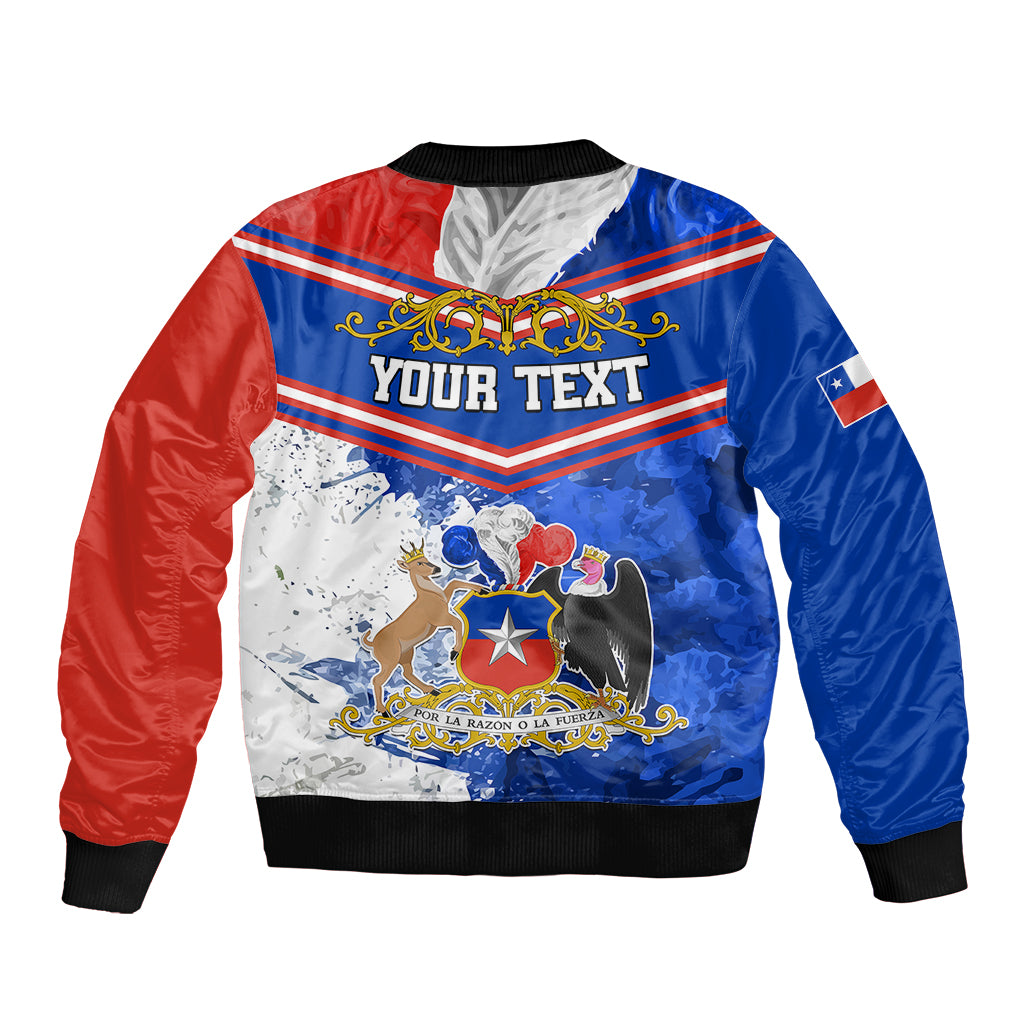 Unisex red and blue bomber jacket with ribbed hem, zipper, and large central crest graphic