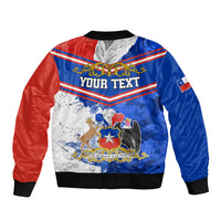 Unisex red and blue bomber jacket with ribbed hem, zipper, and large central crest graphic