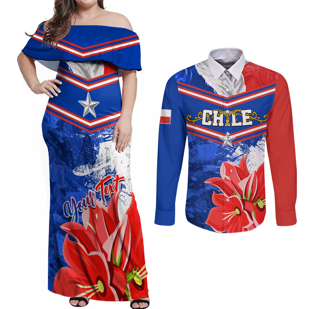 Personalised Chile Couples Matching Off Shoulder Maxi Dress and Long Sleeve Button Shirts Chilean Bellflower Special Version - Wonder Print Shop