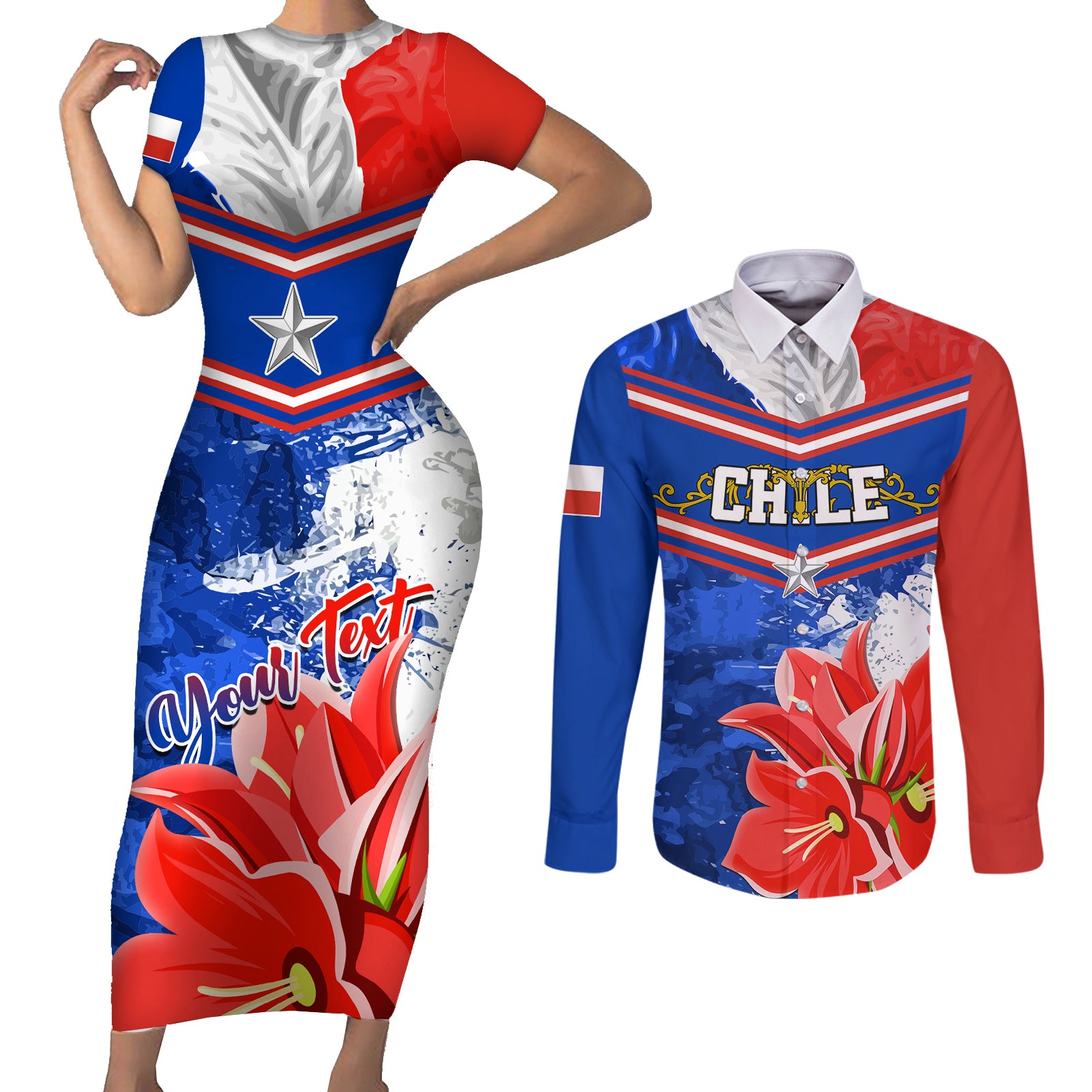 Personalised Chile Couples Matching Short Sleeve Bodycon Dress and Long Sleeve Button Shirts Chilean Bellflower Special Version - Wonder Print Shop