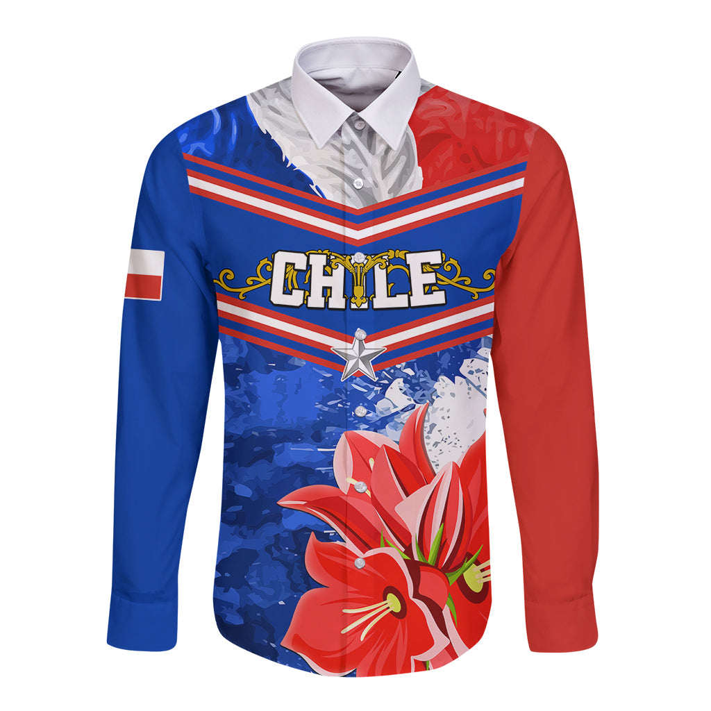 Personalized button-up shirt with Chile graphic, blue and red long sleeves