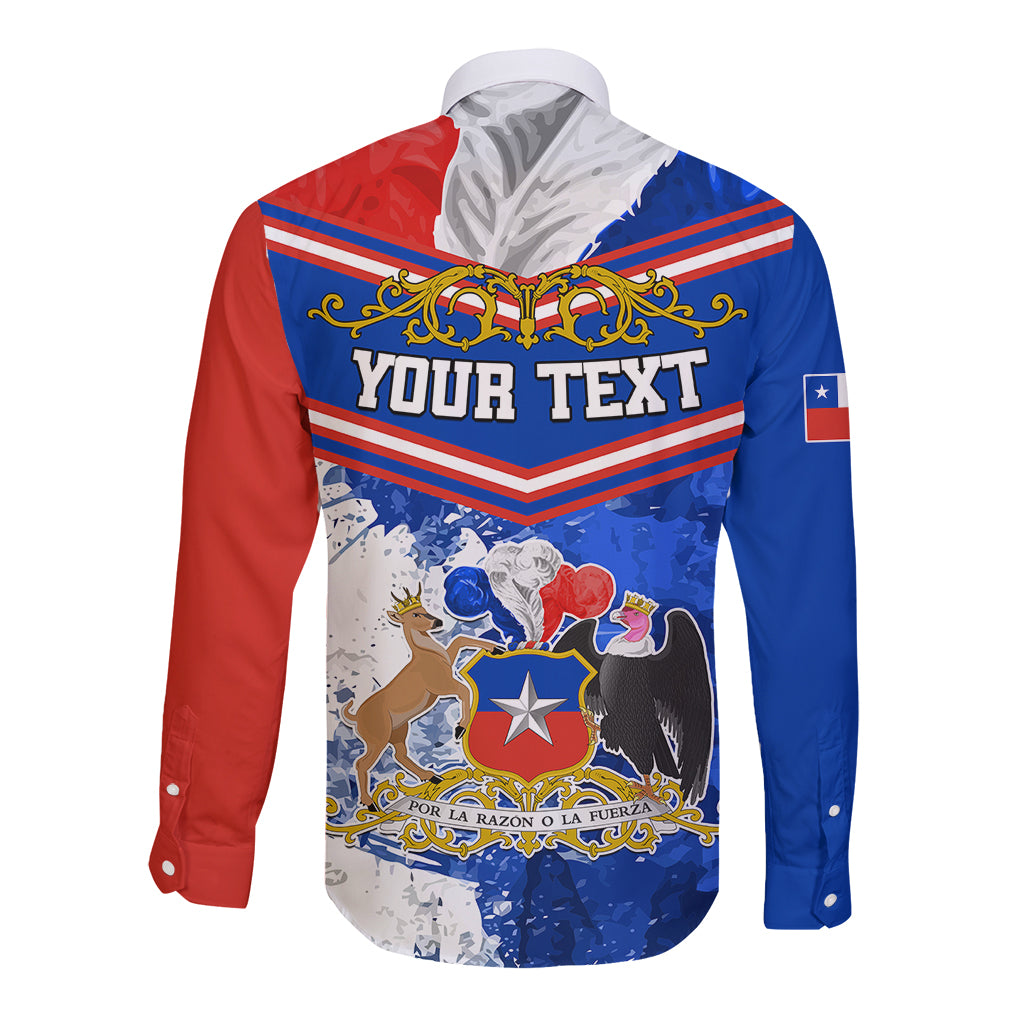 Personalized button-up shirt with “YOUR TEXT” Chile graphic, red and blue long sleeves