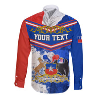 Personalized button-up shirt with “YOUR TEXT” Chile graphic, red and blue long sleeves