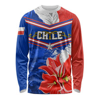 Unisex Chile long-sleeve shirt, blue and red with 'CHILE' graphic and flower print
