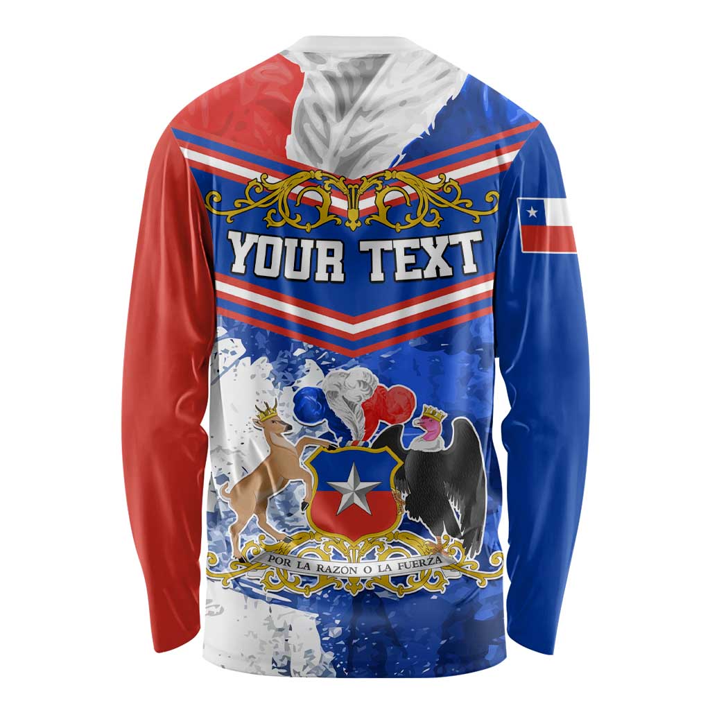 Unisex Chile long-sleeve shirt back, blue red white with 'YOUR TEXT' and emblem