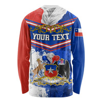 Unisex Chile long-sleeve shirt back, blue red white with 'YOUR TEXT' and emblem