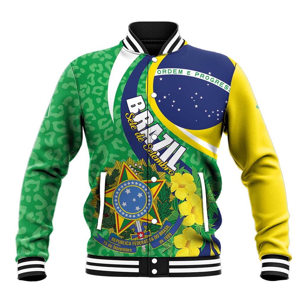 Colorblocked baseball jacket with ribbed collar, yellow sleeves, green leopard pattern, Brazil emblem