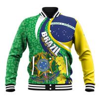 Colorblocked baseball jacket with ribbed collar, yellow sleeves, green leopard pattern, Brazil emblem