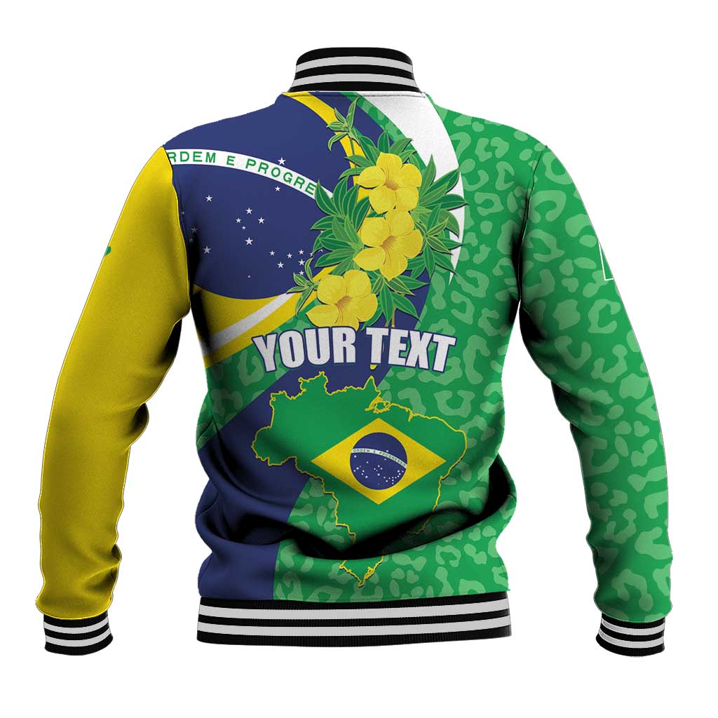 Baseball jacket back with striped ribbing, yellow sleeve, green patterned body, Brazil map patch