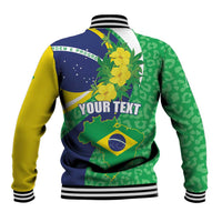 Baseball jacket back with striped ribbing, yellow sleeve, green patterned body, Brazil map patch