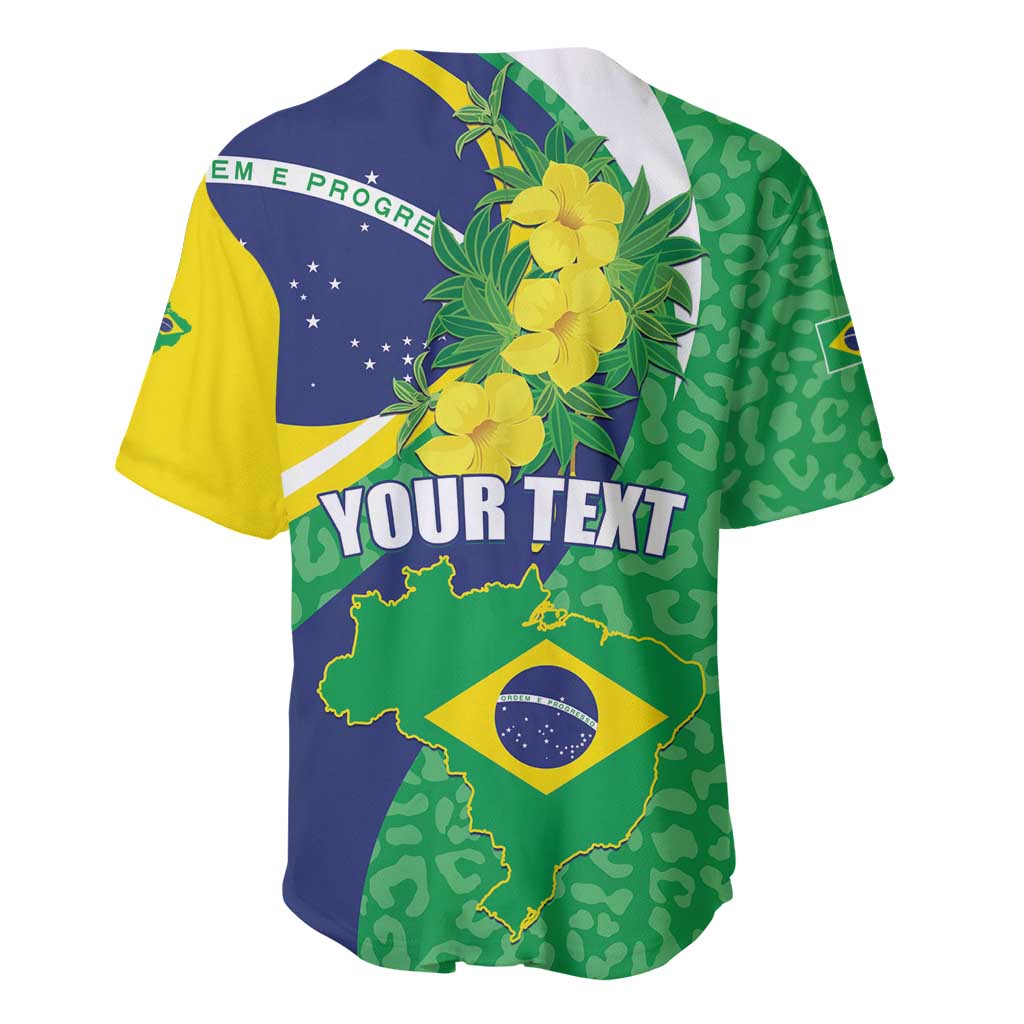 Brazil baseball jersey with yellow and green panels, blue flag center, floral Brazil map graphic
