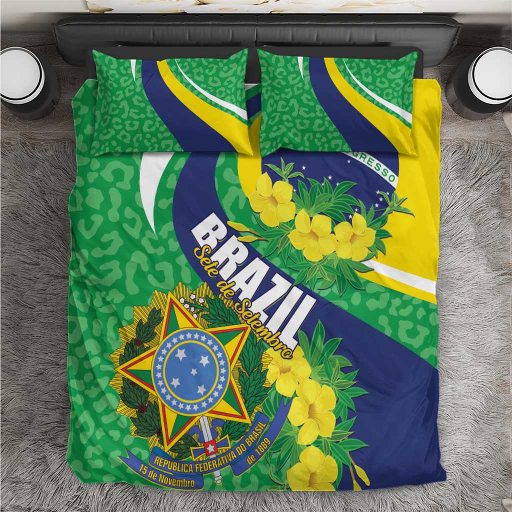 Brazil-themed duvet with green leaf pattern, blue diagonal stripe, and yellow accents