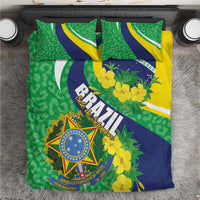 Brazil-themed duvet with green leaf pattern, blue diagonal stripe, and yellow accents