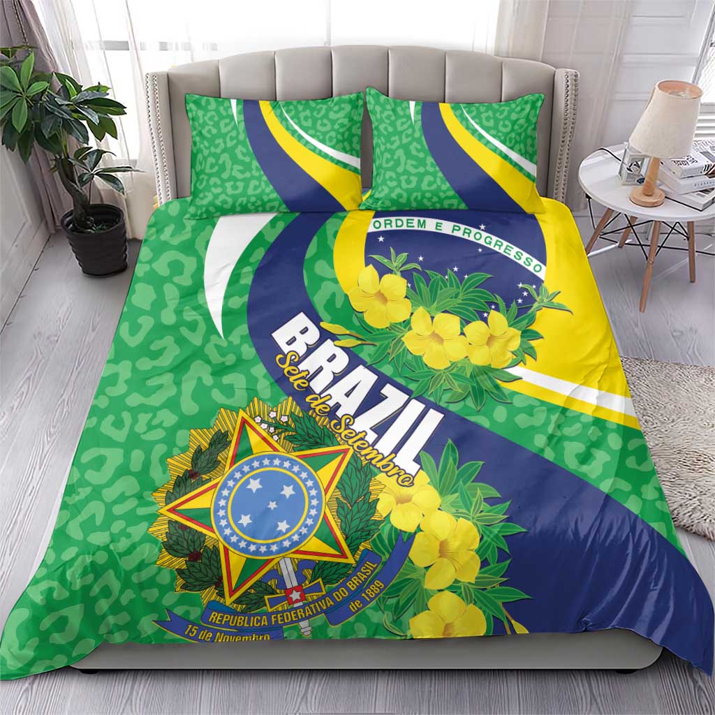 Brazil-themed bedding set with flag print, green background, and yellow flower detail