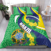 Brazil-themed bedding set with flag print, green background, and yellow flower detail