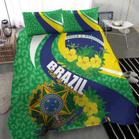 Brazil-themed bedding set with green, blue and yellow flag design and floral accents
