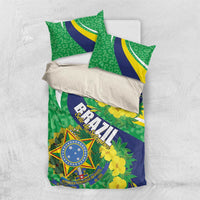Brazil-themed bedding set with flag print, yellow blossoms, and two matching pillows