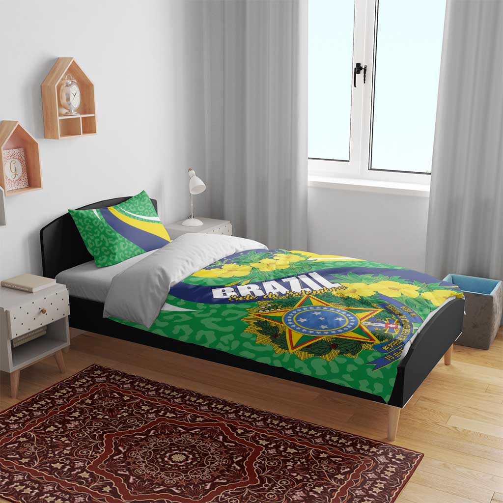 Brazil-themed bedding set with green and blue flag print, yellow blossoms, and matching pillows