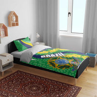 Brazil-themed bedding set with green and blue flag print, yellow blossoms, and matching pillows