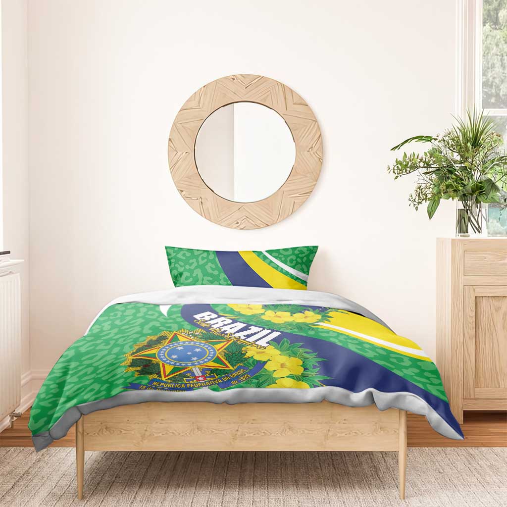 Brazil-themed bedding set with green leaf pattern, blue stripe, and emblem with yellow flowers
