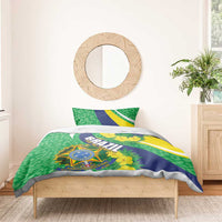 Brazil-themed bedding set with green leaf pattern, blue stripe, and emblem with yellow flowers