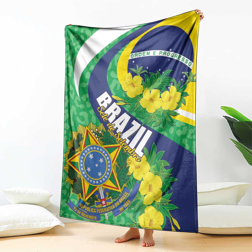 Brazil-themed throw blanket standing on bed with green, blue, yellow floral shield design