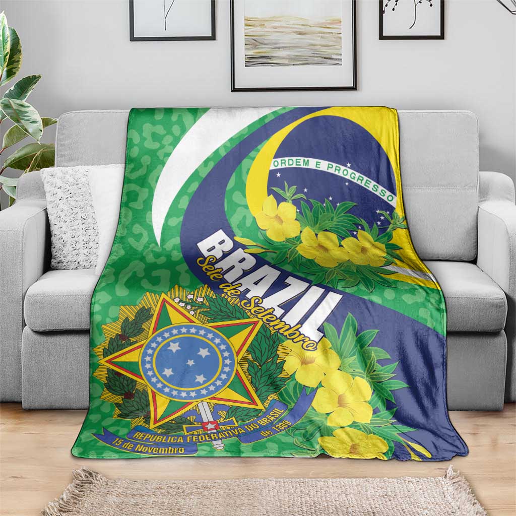 Brazil-themed floral throw blanket on couch, green blue yellow with shield emblem