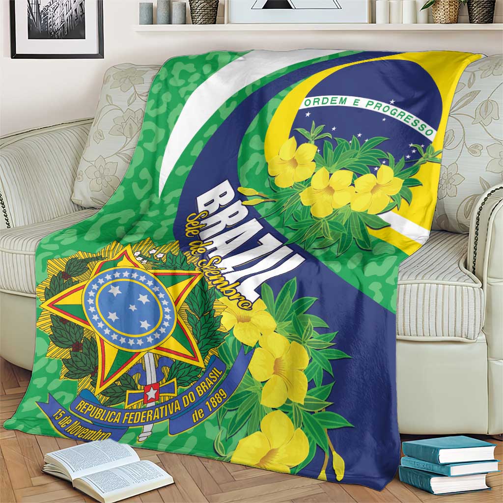 Brazil-themed throw blanket with green, blue, yellow floral print and central shield emblem