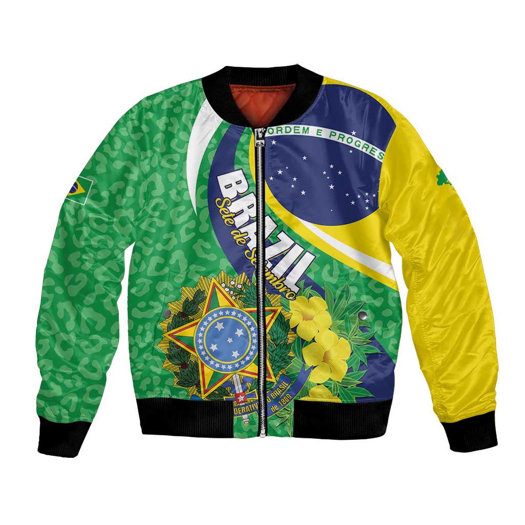 Unisex bomber jacket front zip with green-and-yellow patterned panels and Brazil emblem