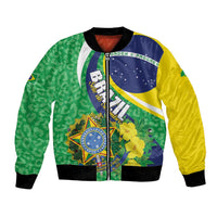 Unisex bomber jacket front zip with green-and-yellow patterned panels and Brazil emblem