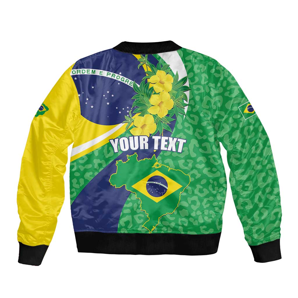 Unisex bomber jacket with green, yellow, and navy Brazil flag graphic; ribbed cuffs