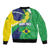 Unisex bomber jacket with green, yellow, and navy Brazil flag graphic; ribbed cuffs