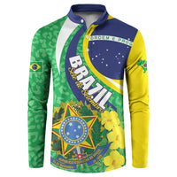Multicolor Brazil-themed button sweatshirt with Brazil crest, stars, and yellow floral