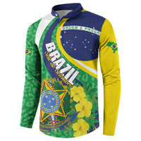 Brazil-themed button sweatshirt with Brazil shield, star circle, and yellow flower graphics
