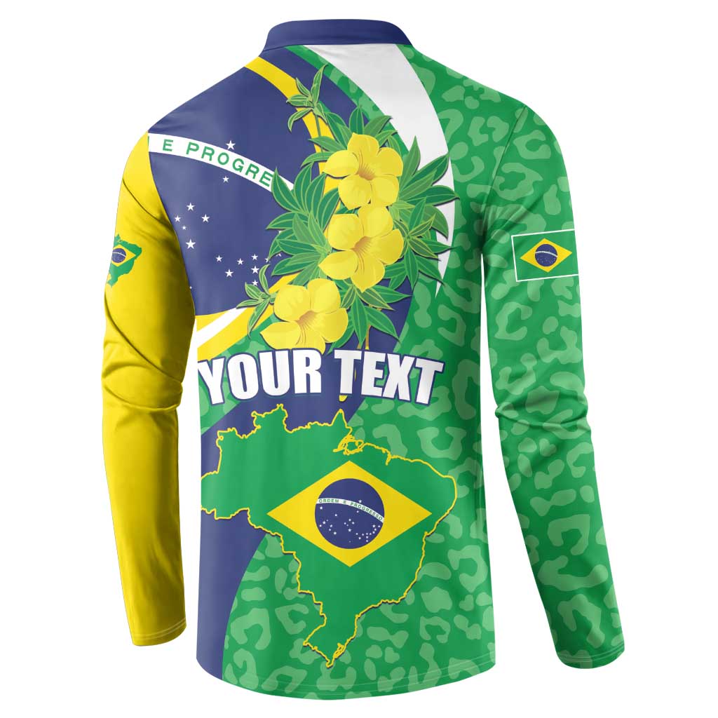 Brazil-themed button sweatshirt back with 'YOUR TEXT', Brazil map, and yellow cluster flowers