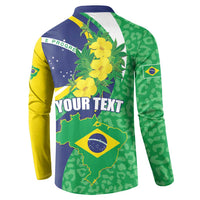 Brazil-themed button sweatshirt back with 'YOUR TEXT', Brazil map, and yellow cluster flowers
