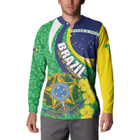 Brazil-themed button sweatshirt with crest, stars, green-leaf pattern, and yellow flowers