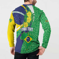 Brazil-themed button sweatshirt back with 'YOUR TEXT', Brazil map, and green camouflage pattern