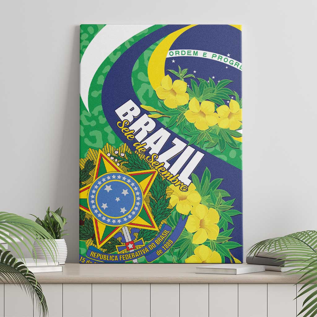 Brazil-themed canvas wall art with green-blue flag crest, yellow flowers, and BRASIL lettering